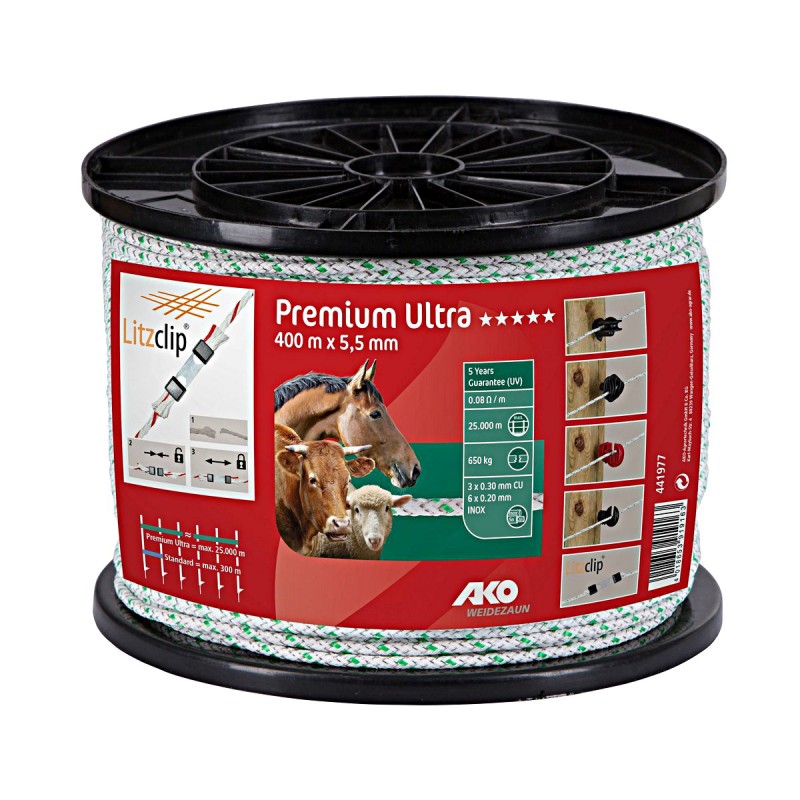 Ako Premium Ultra schrikkoord wit/groen 5.5mm 400m Ako Premium Ultra schrikkoord wit/groen 5.5mm 400m